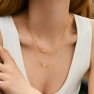 Double-layered 18K gold plated necklace with organic pendants and zircon accents