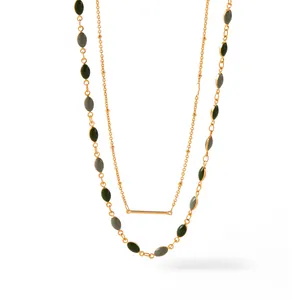 Double-layered 18K gold plated necklace with small beads and dark gemstone charms