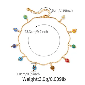Detailed view of 18K gold plated anklet with colorful millefiori glass beads and size info