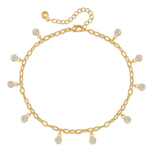 Detail of 18K gold-plated anklet with round crystal pendants and lobster clasp