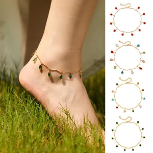 18K Gold Plated Copper Anklet For Women Boho Colorful Zirconia Heart Marquise Pendant Summer Beach Foot Jewelry Gift