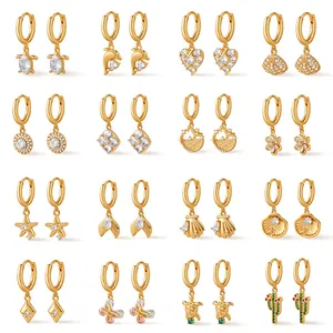 18K Gold Plated Copper Zirconia Hoop Earrings Starfish Sea Turtle Shell Dolphin Animal Motif Jewelry For Women Girls
