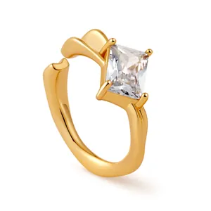 Macro shot of 18K gold plated starfish ring with a square-cut sparkling zircon