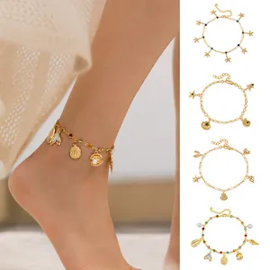 Bracelet de Cheville Océan en Cuivre Plaqué Or 18K Coquillage Étoile de Mer Tortue Dauphin Zircon Multicolore Bijoux Plage Été