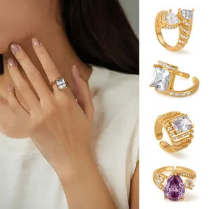 Bohemian 18K Gold Plated Copper Zircon Starfish Shell Ring For Women Vacation Beach Heart Crown Geometric Open Adjustable Fashion Jewelry Gift