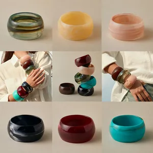 Bracelet Jonc Large en Acrylique Bohème pour Femmes Texture Marbrée Vintage Exagéré Couleur Mixte Mode Bracelet en Résine Bijoux Cadeau