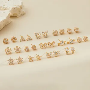 Elegant 18K Gold Plated Copper Zircon Stud Earrings Simple Floral Heart Bow Geometric Jewelry For Women Party Daily Wear Earrings