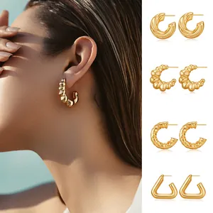 Women 18K Gold Plated Copper Chunky Hoop Earrings Irregular Geometric C Shaped Twisted Croissant Teardrop Fashion Jewelry