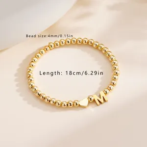 Golden 4mm bead stretch bracelet with heart and letter M pendants, 18cm luxury jewelry