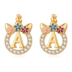Boucles d'oreilles licorne lettre A dorées avec zircons et fleurs en émail colorées