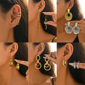 Boucles d'Oreilles Géométriques en Alliage à la Mode Avec Tige en Acier Inoxydable Or Argent Strass Goutte Créoles Ear Cuffs pour Femme Bijoux