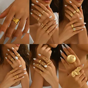 Minimalist Gold Plated Alloy Ring Set For Women Geometric Inlaid Artificial Pearl Rhinestone Adjustable Open Ring Fashion Jewelry
