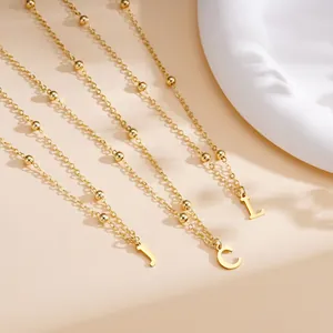 Elegant gold-plated 26-letter pendant necklace with beaded stainless steel chain link