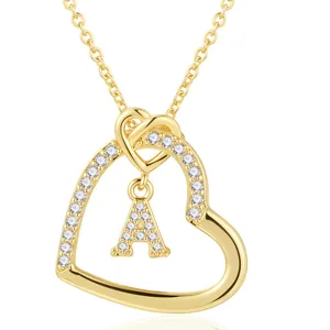 Gold-plated heart pendant necklace featuring zircon-encrusted letter A on a polished chain