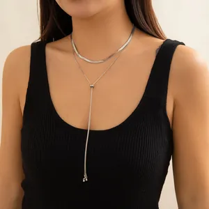 Silver double layered necklace set featuring a snake chain and adjustable Y-shaped pendant