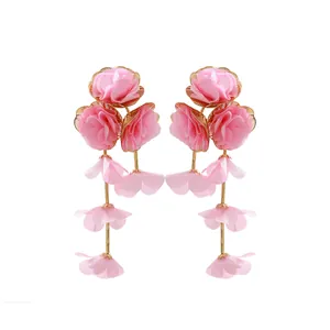 Pink chiffon flower long tassel drop earrings with gold metal accents for women