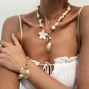 Bohemian Muschel Seestern Legierung Anhänger Halskette Armband Kombination Gold Kunstperle Blume Strand Urlaub Damen Schmuck