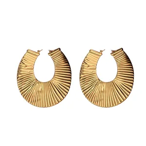 Gold chunky U-shaped hoop earrings with textured pleated design for women fashion