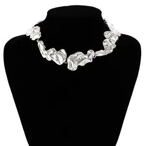 Irregular liquid metal style silver necklace with organic molten textured links
