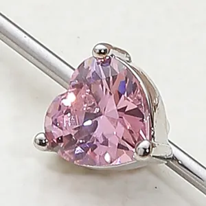 Pink heart-shaped zircon industrial barbell piercing in silver stainless steel finish
