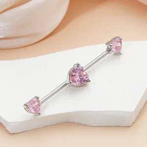 Industrial barbell earring with three pink heart cubic zirconia in silver steel finish