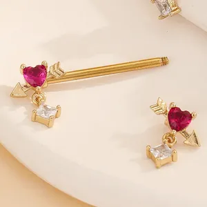 Golden heart nipple ring with pink zircon and square pendant in Cupid arrow design