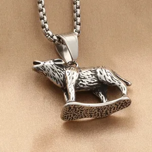 Collier Pendentif Loup en Acier Inoxydable Vintage Punk Pour Hommes Bijoux Charme Animal Loup Hurlant Rétro Couleur Argent Gothique
