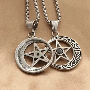 Pentagram star pendant necklace set with black gemstone and stainless steel square link chain