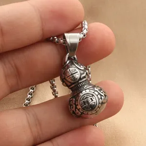 Retro stainless steel gourd pendant necklace with longevity character being held
