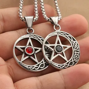 Punk vintage star pendant necklaces with red and black crystals on silver chains