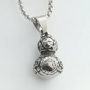 Detail of silver stainless steel gourd pendant with Fu and Shou embossed characters