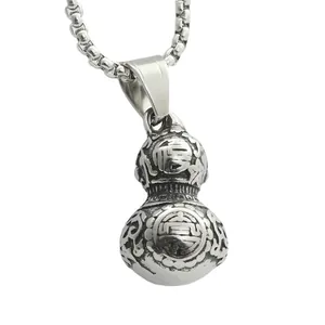 Vintage stainless steel gourd pendant with Fu character relief and round box chain