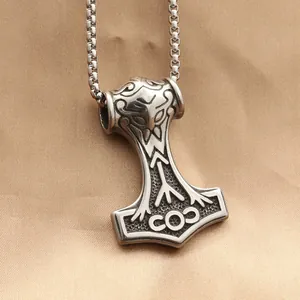 Vintage Wikinger Thors Hammer Mjölnir Anhänger Halskette Für Herren Edelstahl Nordische Runengravur Punk Rock Gothic Schmuck