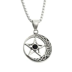 Punk vintage star moon pendant in antique silver with black stone and celtic knot details