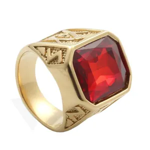 Vintage Stainless Steel Freemasonry Signet Ring For Men With Red Blue Green Black Gemstone Punk Retro Finger Jewelry