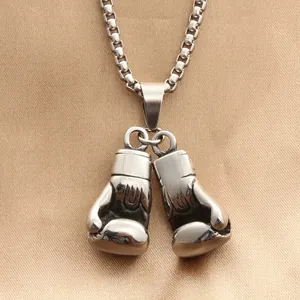 Vintage Stainless Steel Boxing Gloves Pendant Necklace Punk Hip Hop Sports Jewelry For Men Silver Tone Box Chain Necklace
