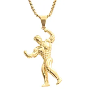 Collana con ciondolo bodybuilder dorato in acciaio al titanio con catena a scatola per uomo