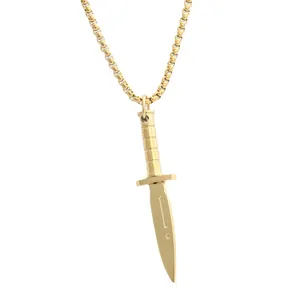 Collar con colgante de daga de acero inoxidable dorado y cadena de caja para hombre