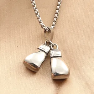 Polished stainless steel boxing glove pendant necklace with durable box chain for men