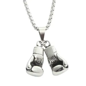 Punk style stainless steel boxing glove pendant with durable silver box chain for men