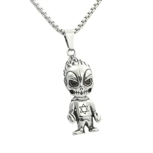 Collar punk de acero inoxidable con colgante de calavera cartoon y estrella de hexagrama