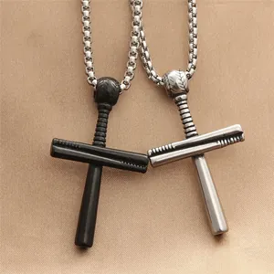 Collier Pendentif Croix Batte de Baseball en Acier Inoxydable pour Hommes Punk Rétro Sportif Chaîne Box Bijoux Cadeau Accessoire Masculin