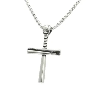 Collier avec pendentif croix en acier inoxydable rétro et chauves-souris de baseball