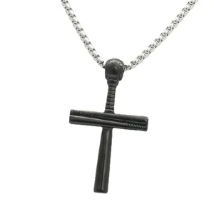 Collier punk en acier inoxydable avec pendentif croix en battes de baseball noires
