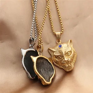 Collana con ciondolo a testa di leopardo in acciaio inossidabile stile punk oro e argento