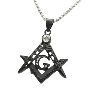 Schwarzer Freimaurer-Anhänger mit G-Buchstaben-Strass und silberner Quadrat-Perlen-Halskette