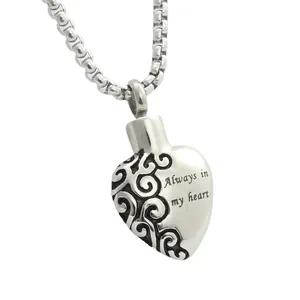 Polished heart perfume bottle pendant necklace with 'Always in my heart' engraving