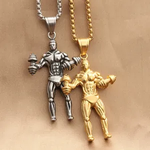 Collana con Pendente Uomo Muscoloso con Manubrio Vintage Punk in Acciaio Inossidabile Fitness Bodybuilding Palestra Gioielli Regalo per Atleti