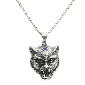 Ciondolo testa di leopardo punk in acciaio inossidabile con gemma blu e catena box