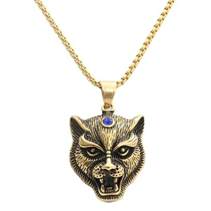 Pendente testa di tigre dorata con gemma blu e catena box, stile punk maschile